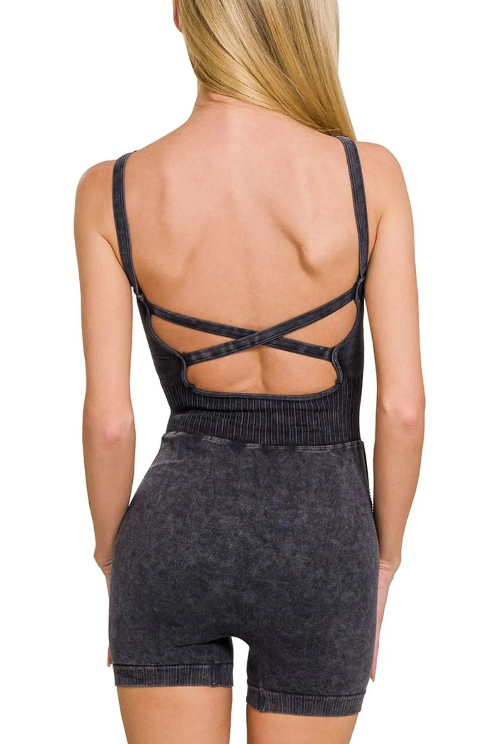 Zenana Washed Sports Romper With Removable Bra Pad - Fashorio