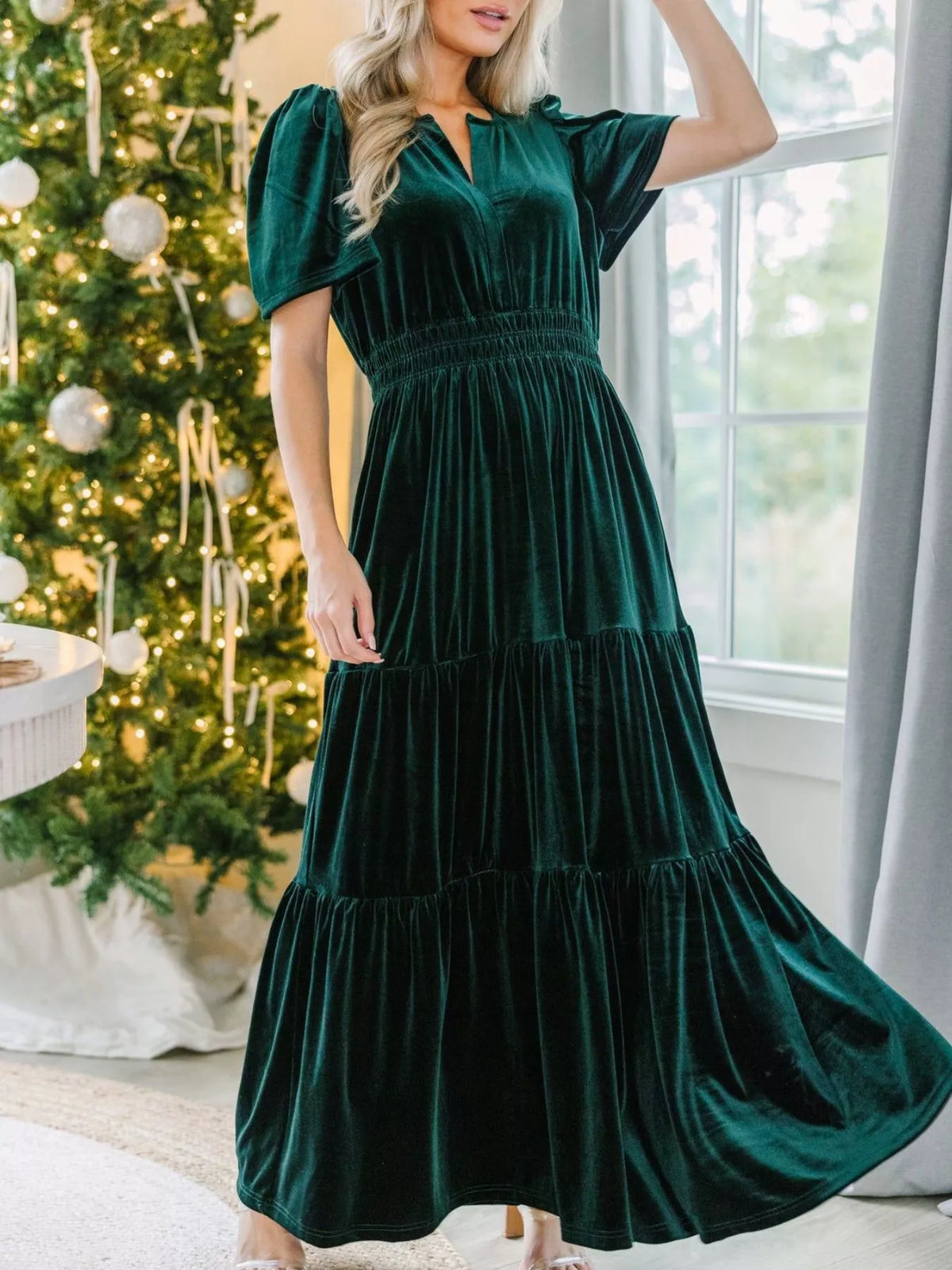 Velvet tiered short sleeve maxi dress front view