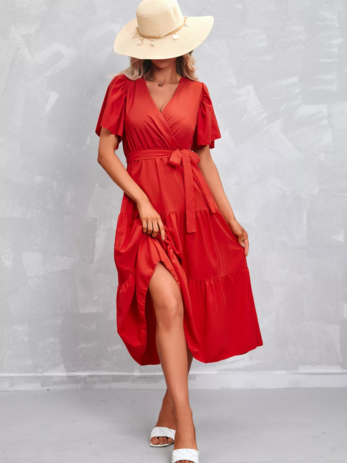 Flutter sleeve tiered midi dress side view