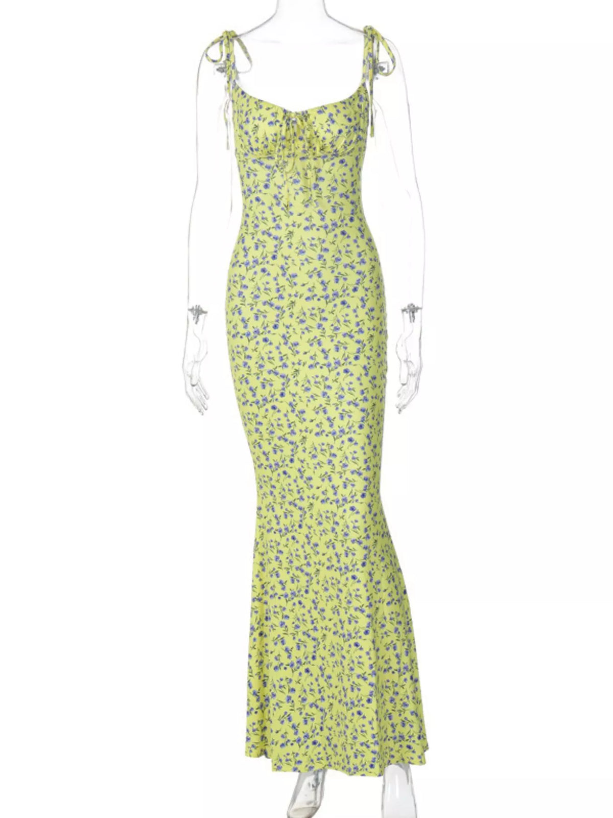 Floral tie strap bodycon maxi dress back detail