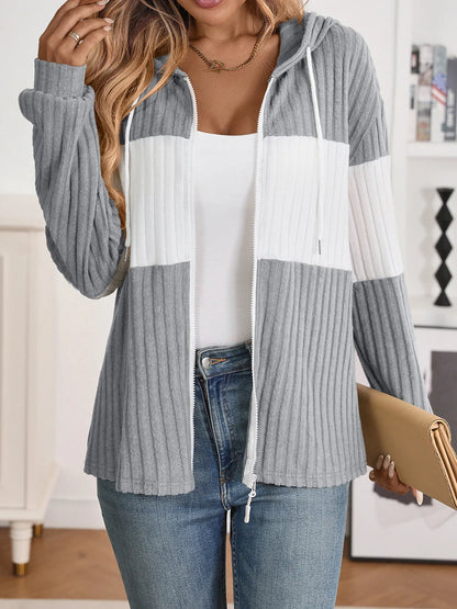 Drawstring Color Block Zip Up Outerwear - Fashorio