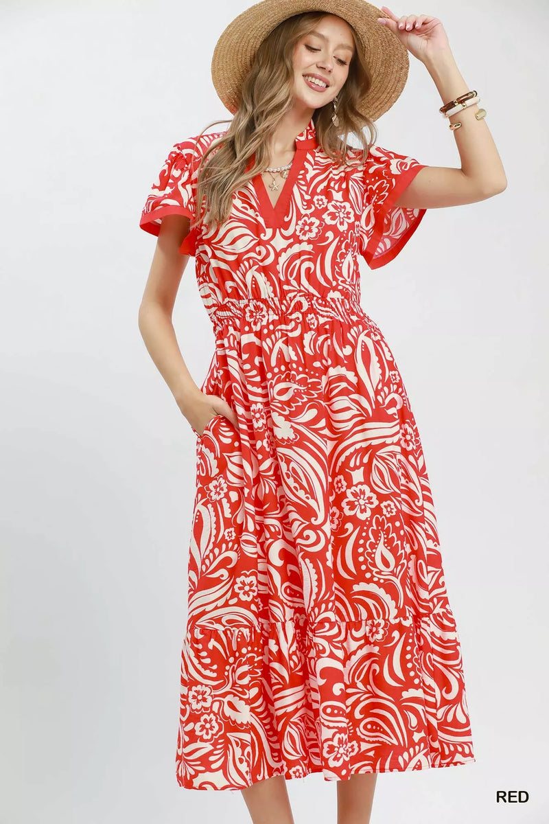Red paisley print midi dress with flutter sleeves front view