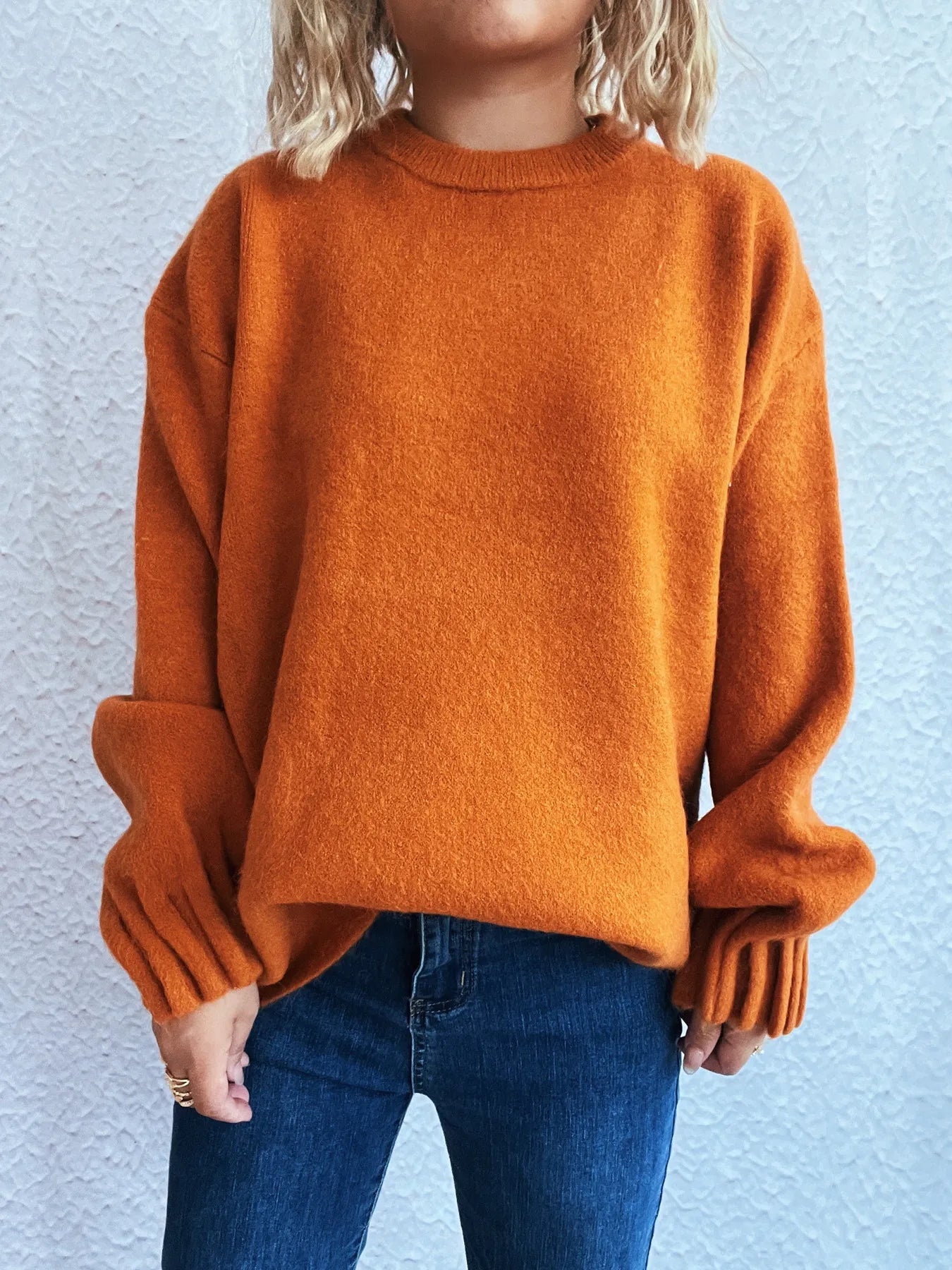Round Neck Dropped Shoulder Sweater Orange One Size - Fashorio