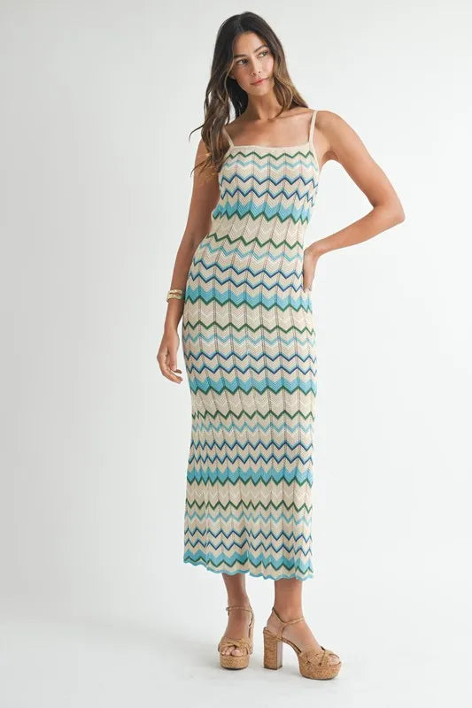 MABLE Lightweight Pointelle Chevron Knit Maxi Dress - Fashorio