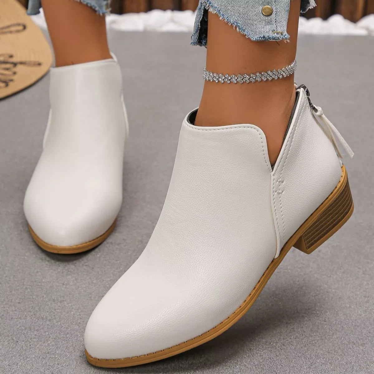Point toe block heel ankle boots zip detail