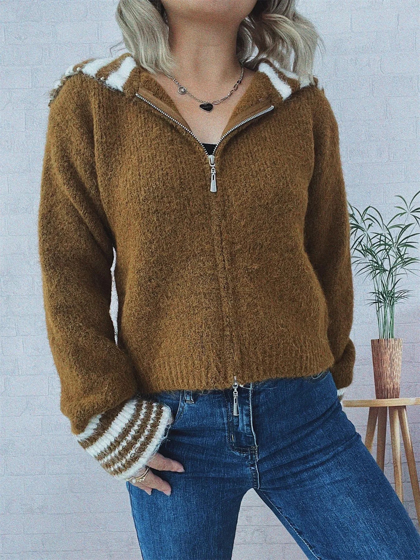 Striped Zip-Up Cardigan - Fashorio