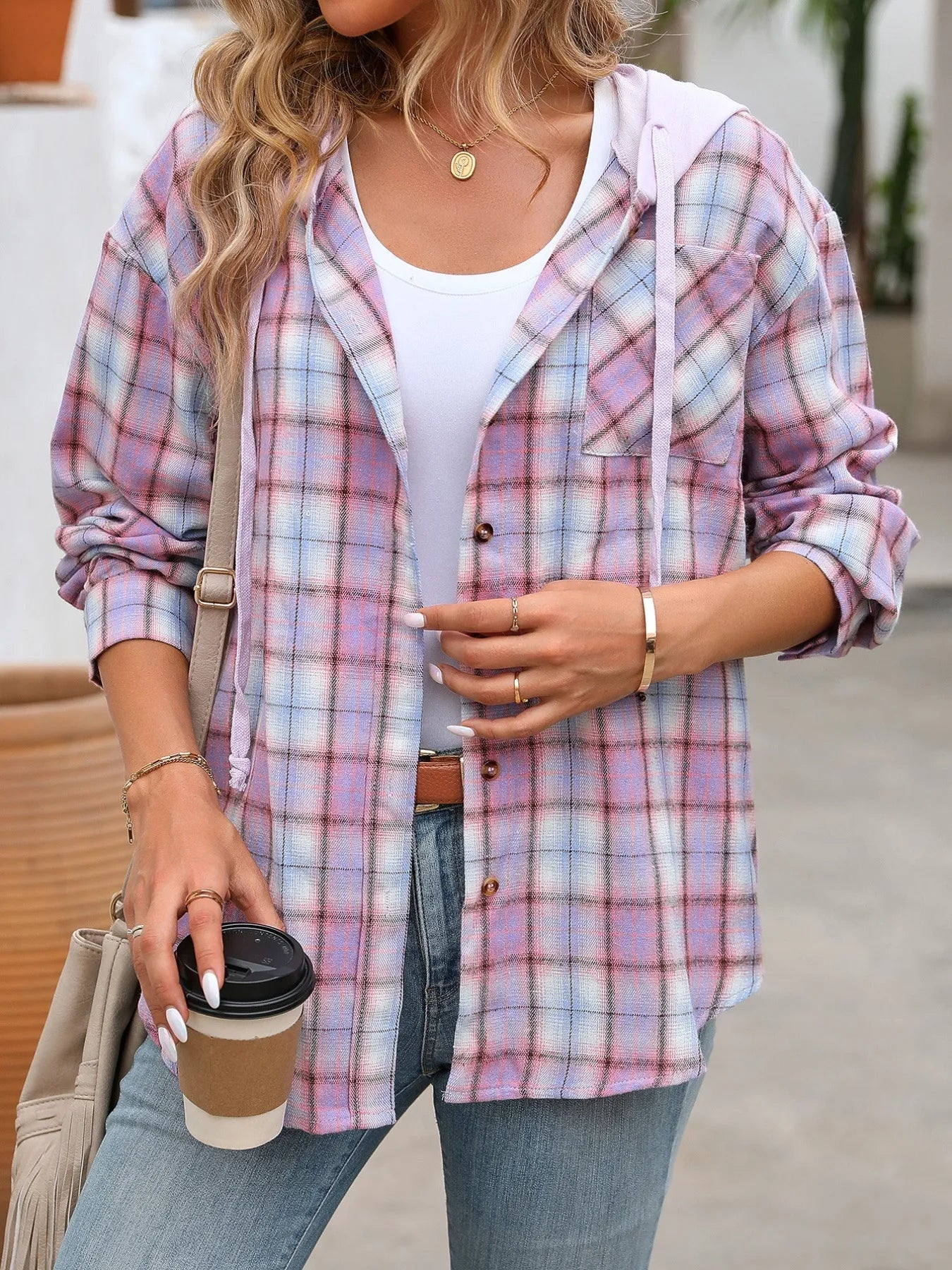 Plaid Button-Up Hooded Shirt - Fashorio