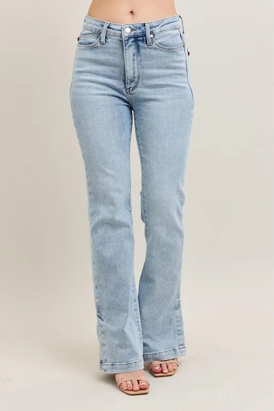 Judy Blue Full Size Tummy Control Vintage Wash Side Slit Slim Boot Jeans Plus Size - Fashorio