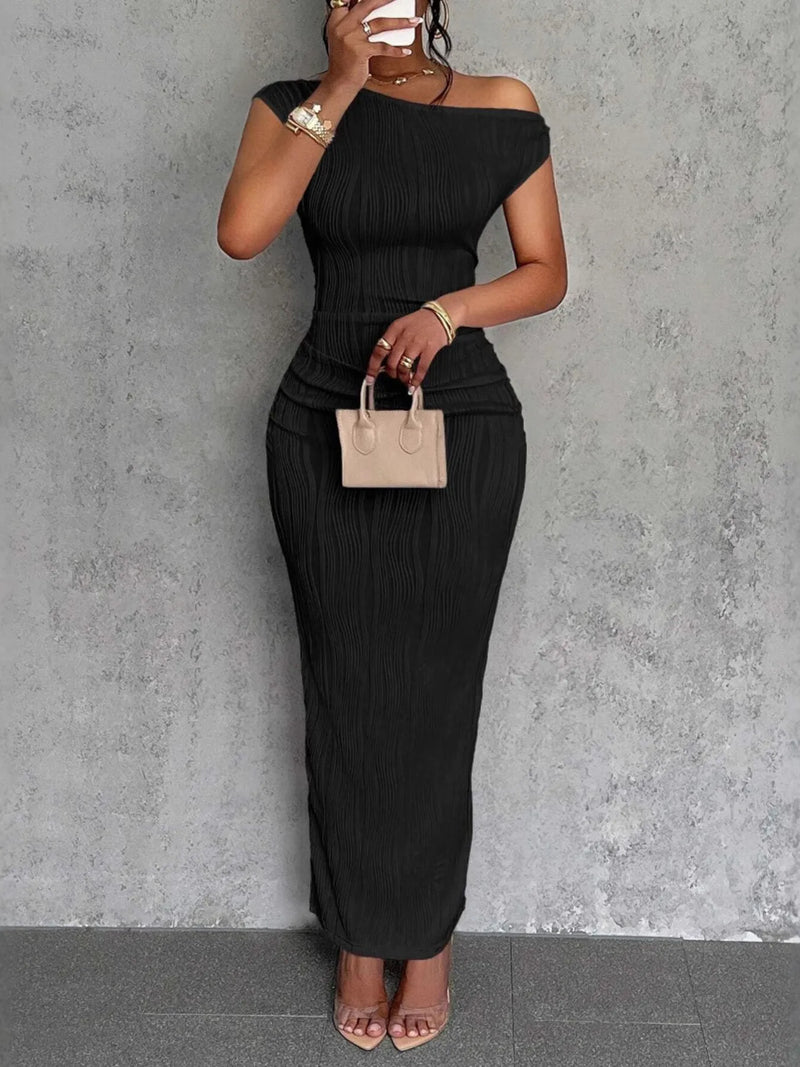 single shoulder ribbed bodycon maxi dress front view