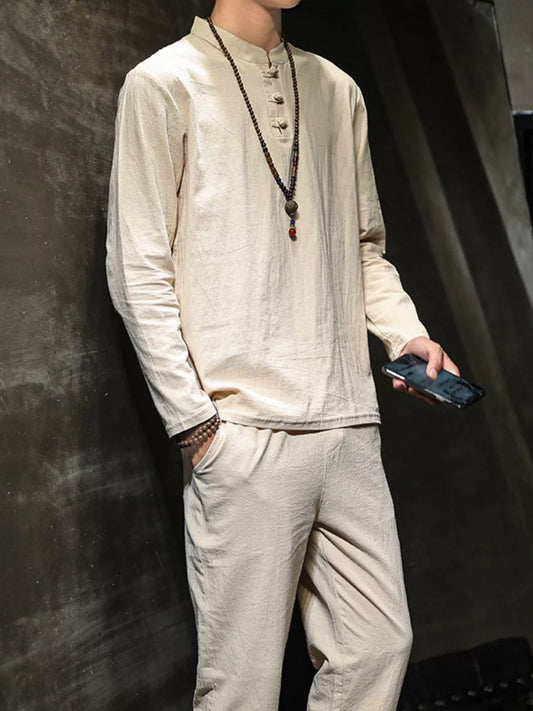 Men's Plus Size Button Detail Long Sleeve Top and Pants Set - Fashorio