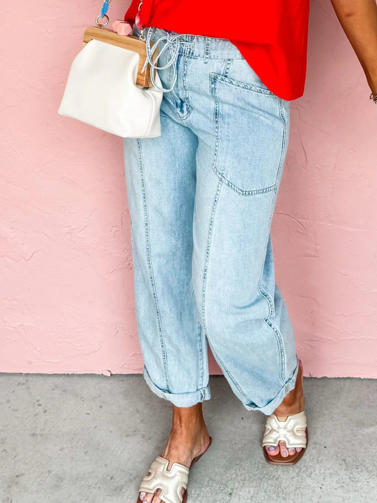 Boyfriend jeans drawstring waist detail