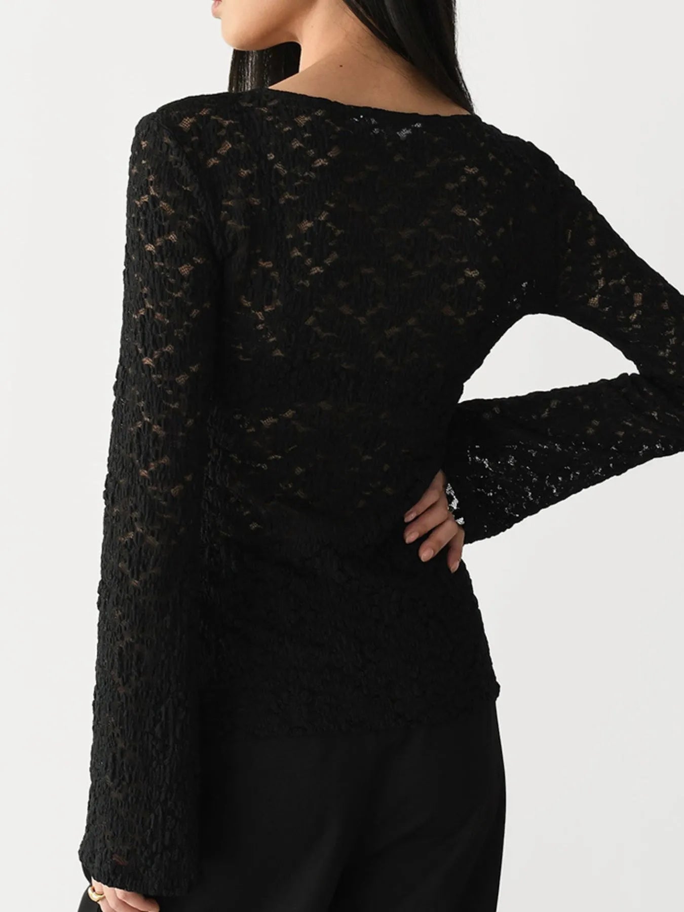 Lace V-Neck Flare Sleeve T-Shirt - Fashorio