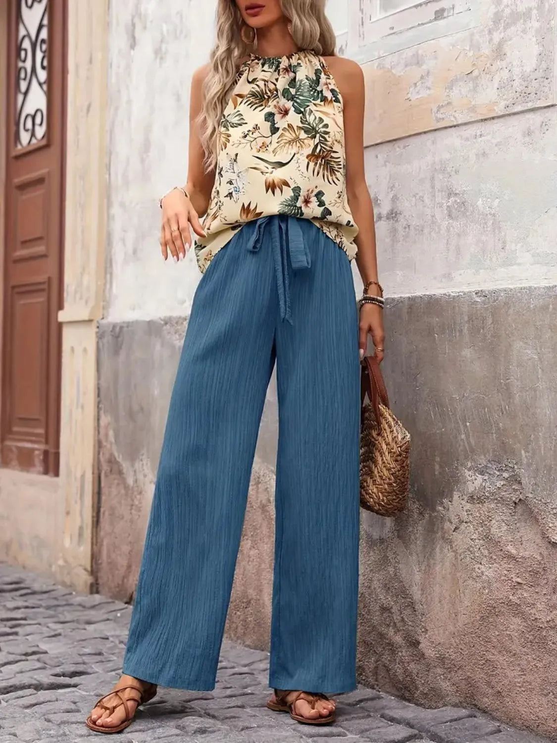 Printed Tank Top and Wide Leg Pants Set Cerulean - Fashorio