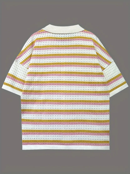 Colorful Striped Button Up Top and Shorts Sweater Set - Fashorio