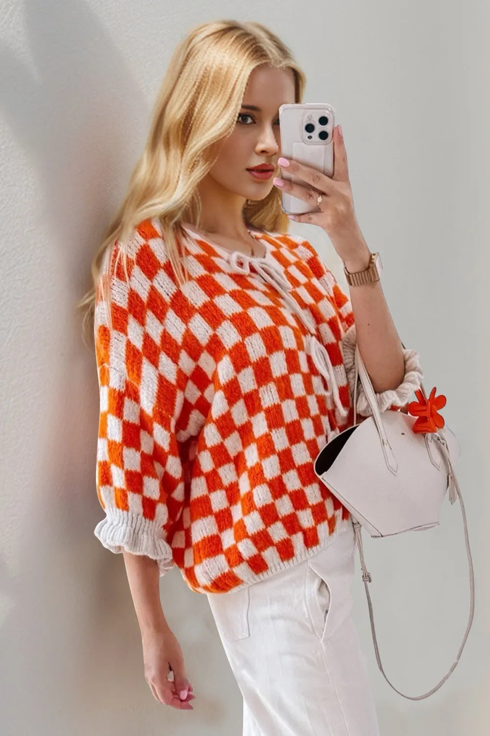 Double Take Tied Checkered Dropped Shoulder Flounce Sleeve Cardigan - Fashorio