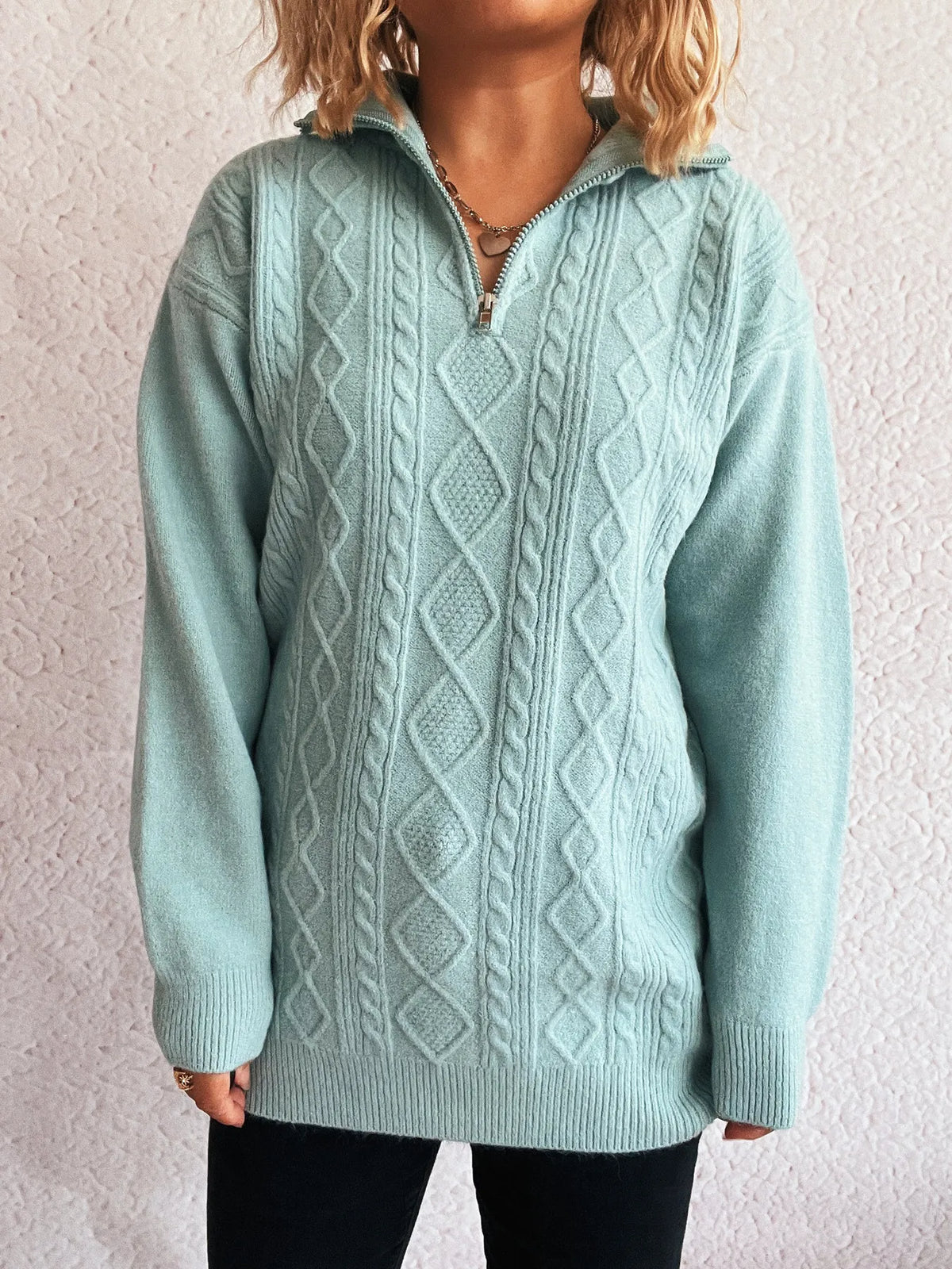 Texture zip collar long sleeve sweater, back view