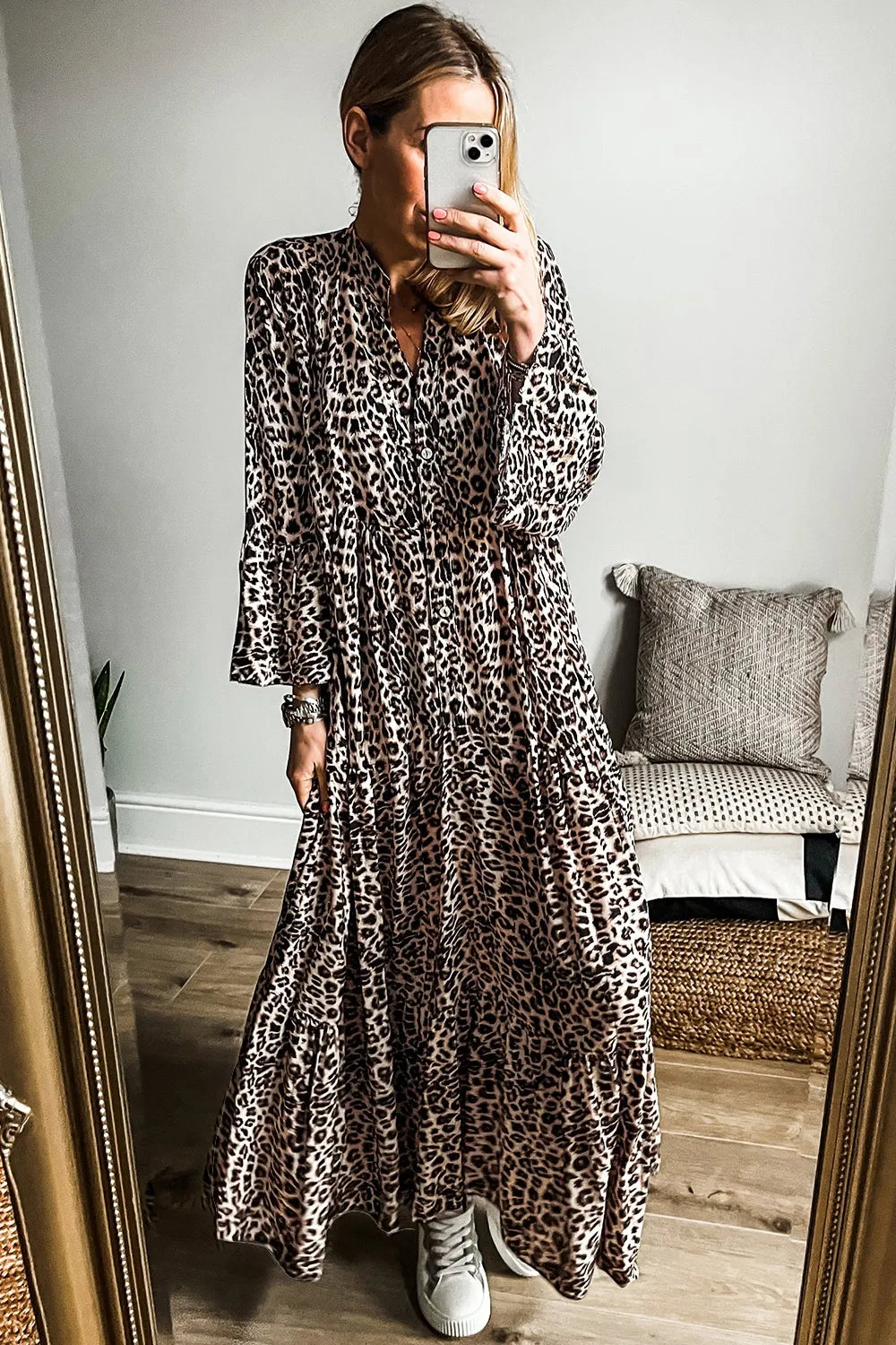 Leopard notched neck long sleeve maxi dress side view