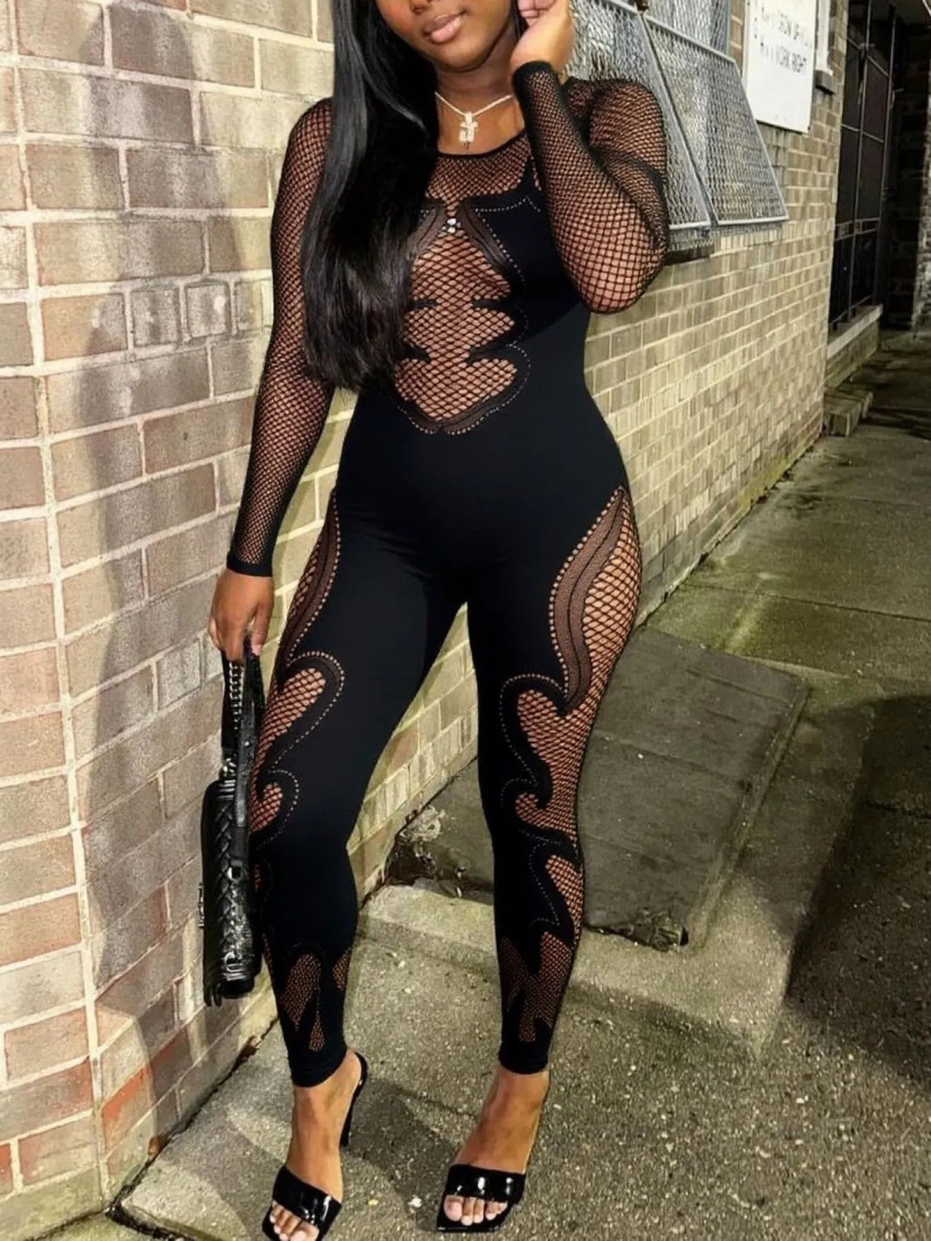 Fishing Net Sheer Long Sleeve Jumpsuit - Fashorio