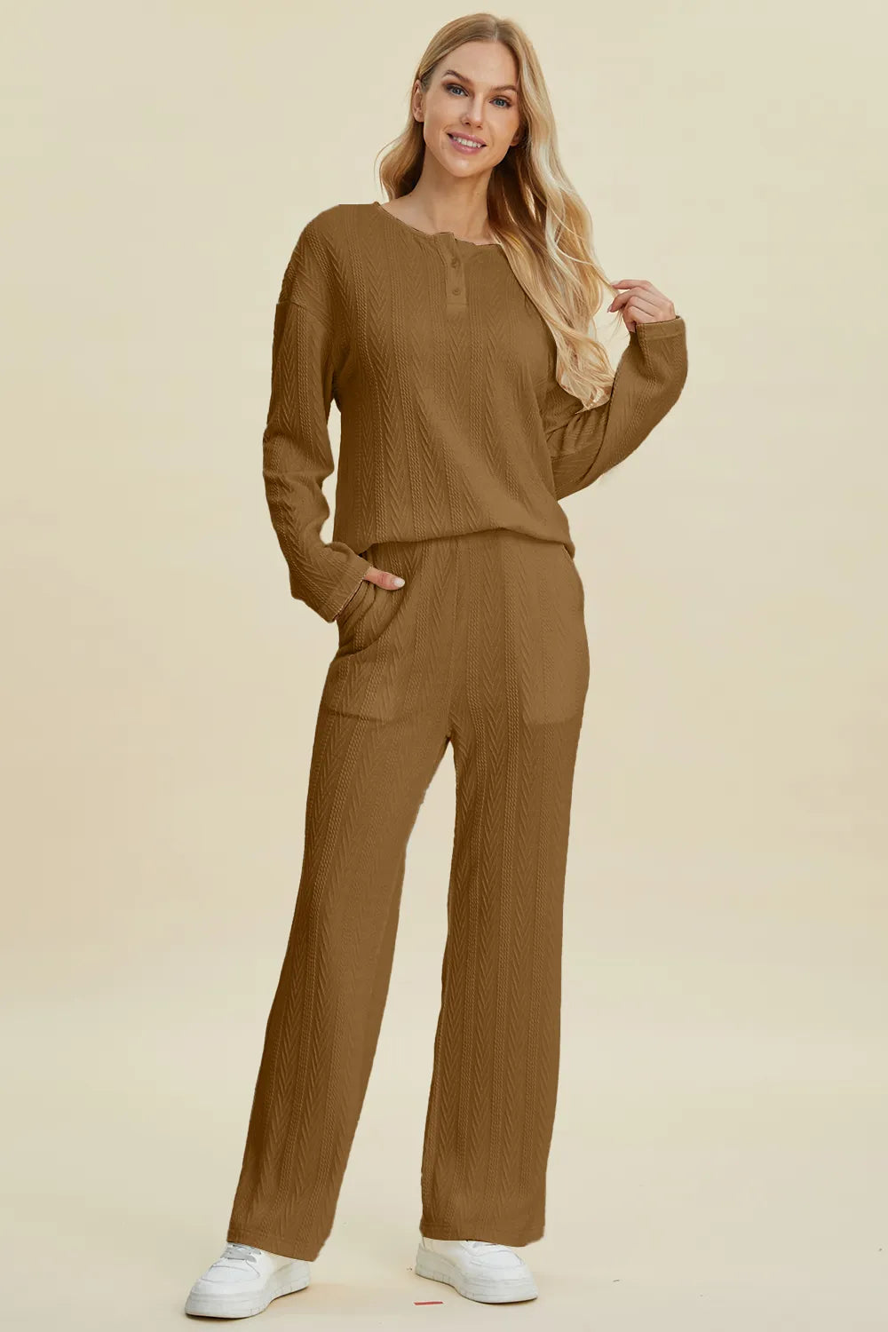 Three quarter view of the long sleeve knit set