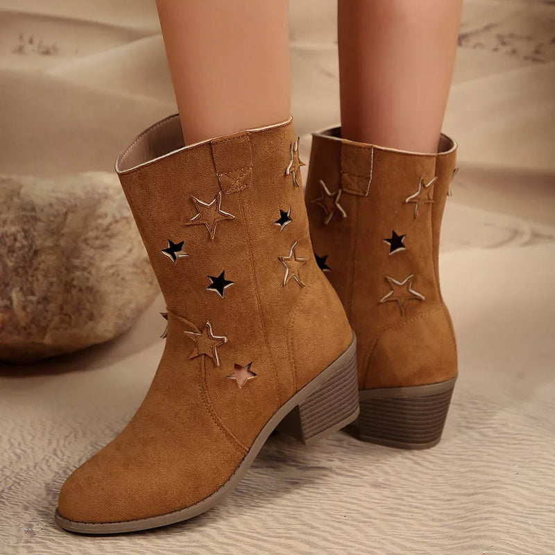 Star cutout block heel boots front view