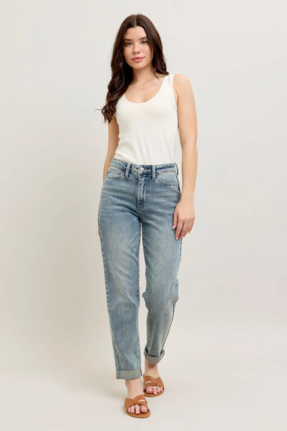 Judy Blue Full Size Hw Vintage Wash Double Roll Cuff Bf Jeans Plus Size - Fashorio