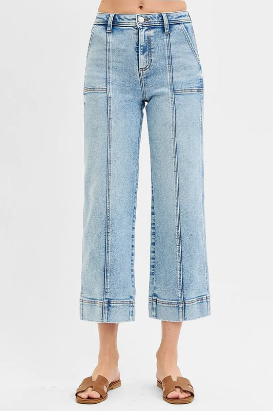 RISEN Full Size High Rise Crop Wide Front Seam Detailed Jeans Plus Size LIGHT - Fashorio