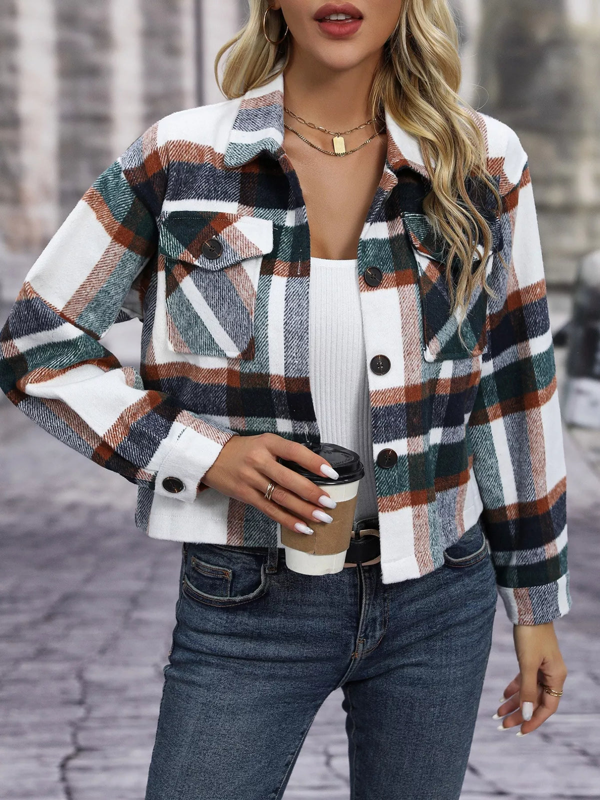 Plaid Oversized Cropped Jacket in Taupe view 9