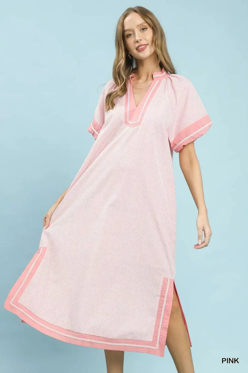 Pinstripe Contrast Trim Midi Dress