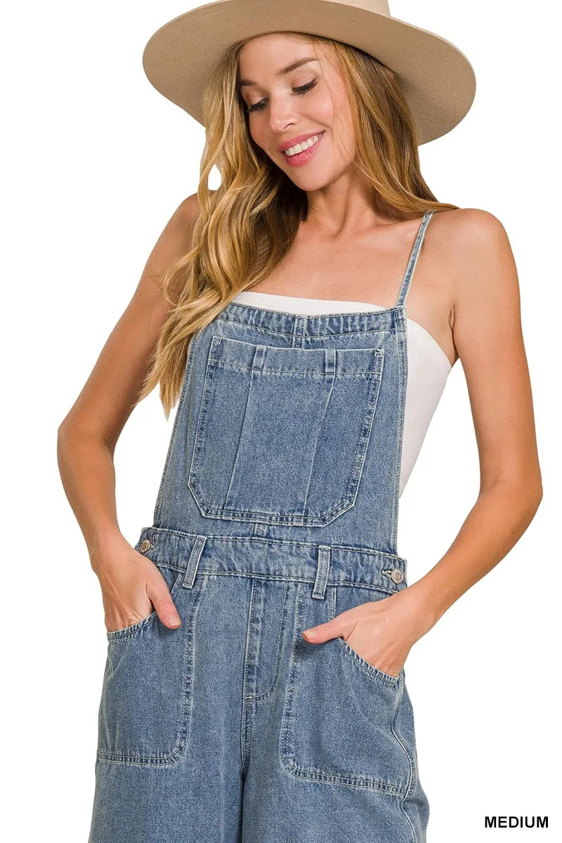 Zenana Denim Medium Washed Wide Leg Overalls - Fashorio