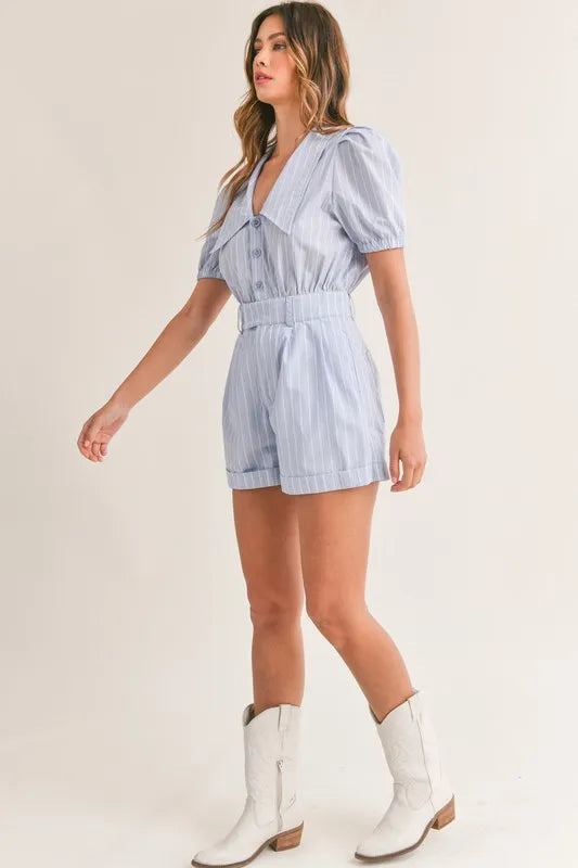 Striped Puff Sleeve Collared Neck Romper close up