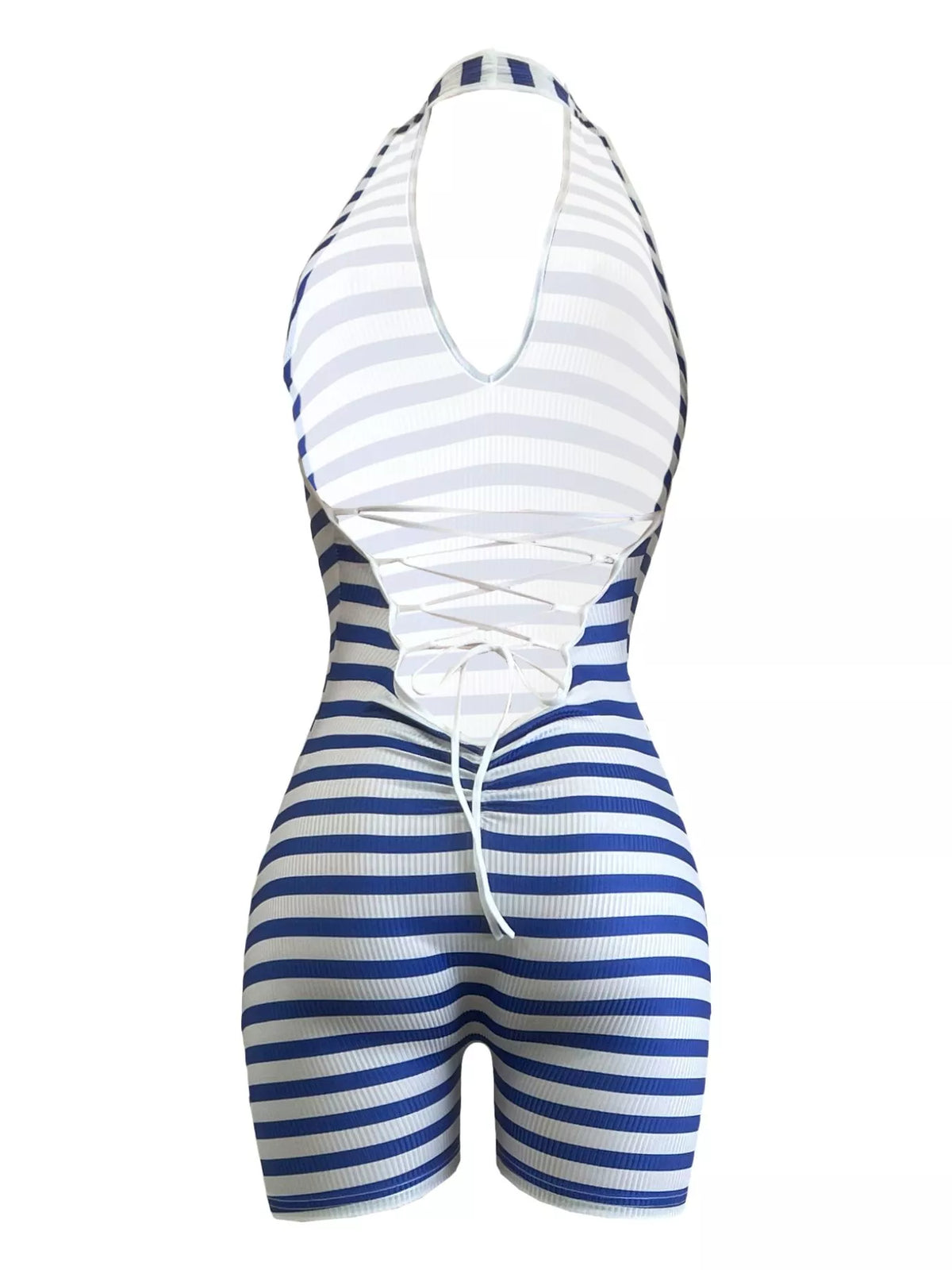 Blue striped romper side view