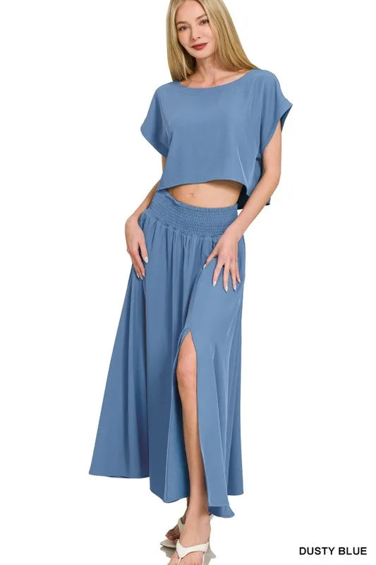 Zenana Woven Crinkle Gauze Crop Tee and Skirt Set - Fashorio