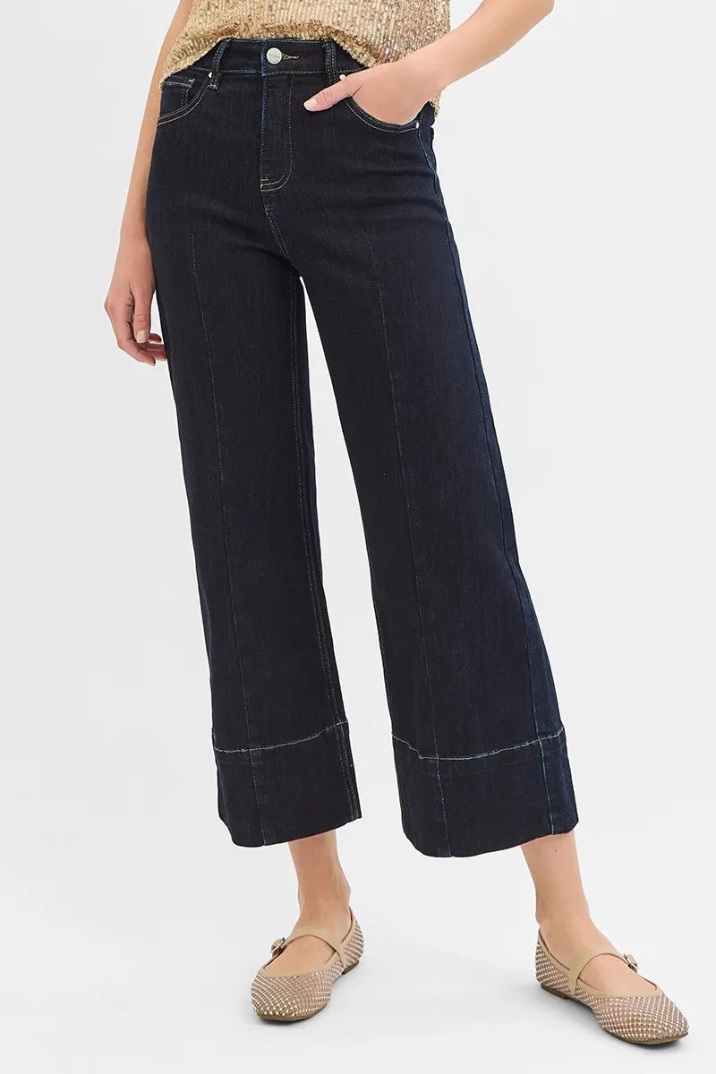 RISEN Tummy Control High Rise Crop Wide Seam Detailed Jeans - Fashorio
