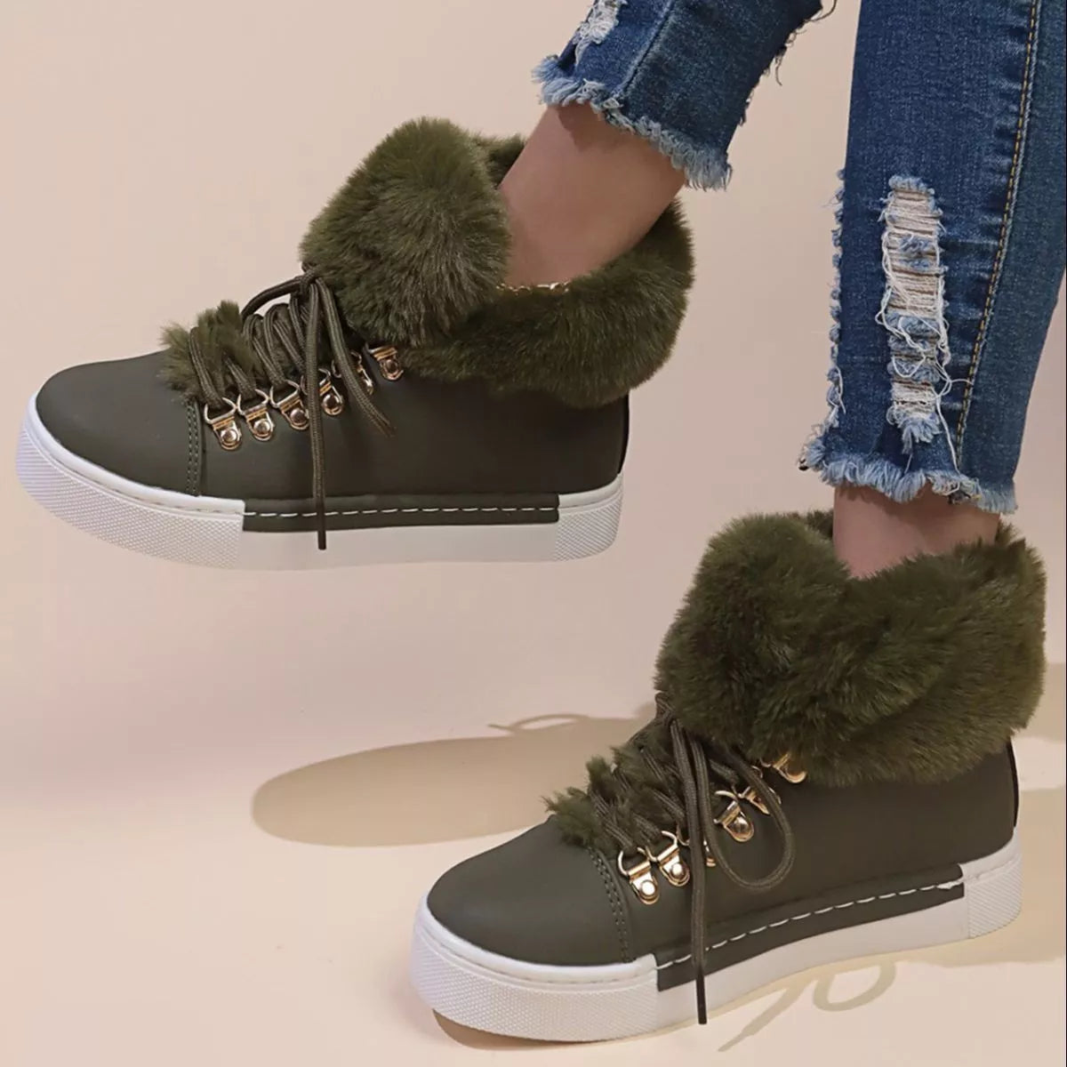 Fuzzy trim lace up ankle boots angled three quarter view