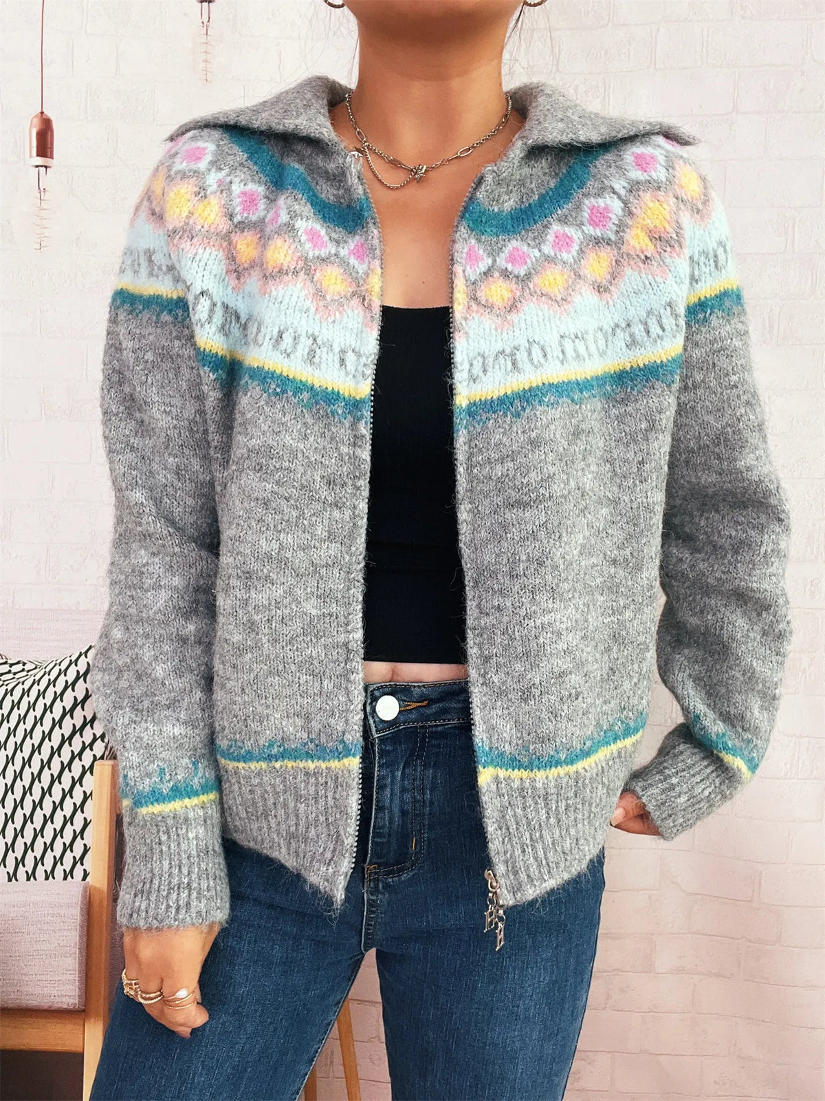 fair isle pattern zip up cardigan knit texture detail