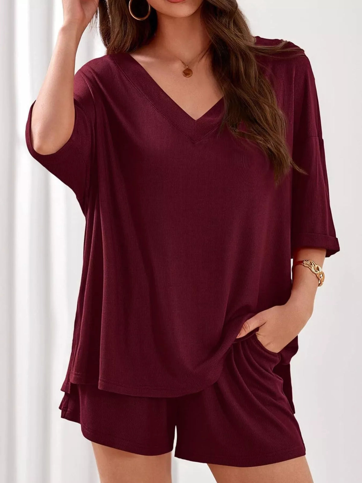 V Neck Top and Shorts Two Piece Set, view 17