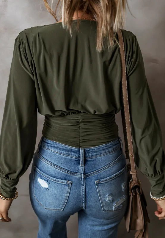 Ruched Surplice Long Sleeve Bodysuit - Fashorio