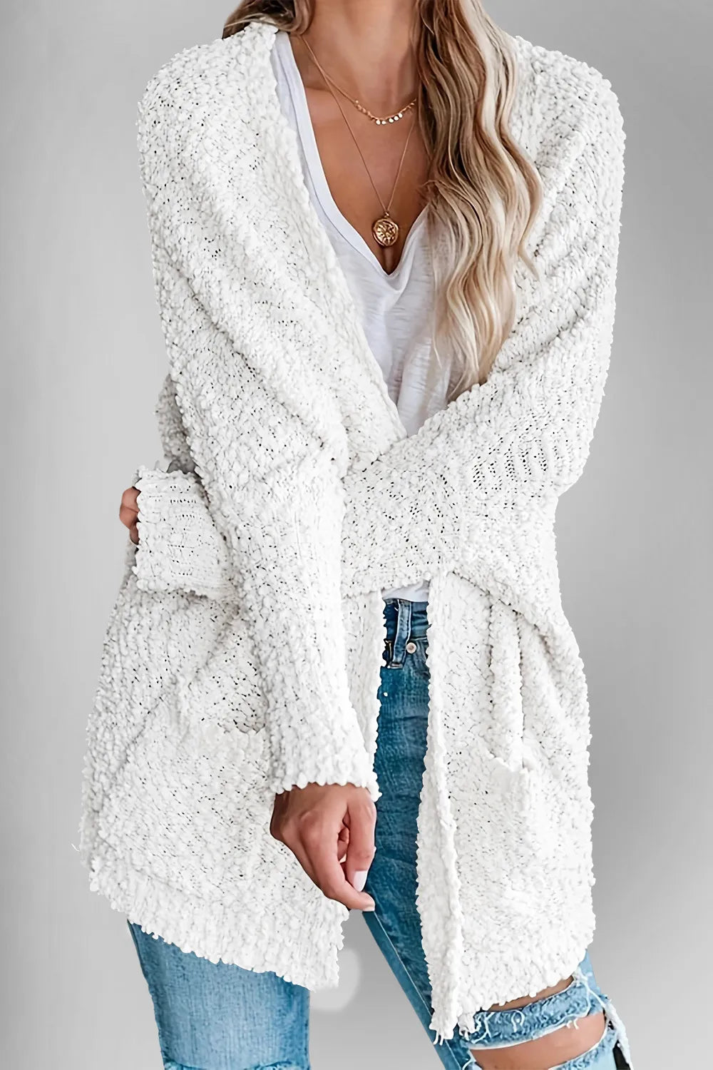 Double Take Pocketed Open Front Long Sleeve Cardigan - Fashorio