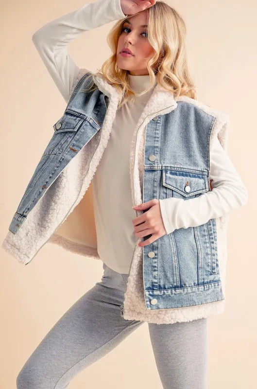 Aemi + Co Fake Two Pieces Denim Patch Sherpa Vest Coat - Fashorio