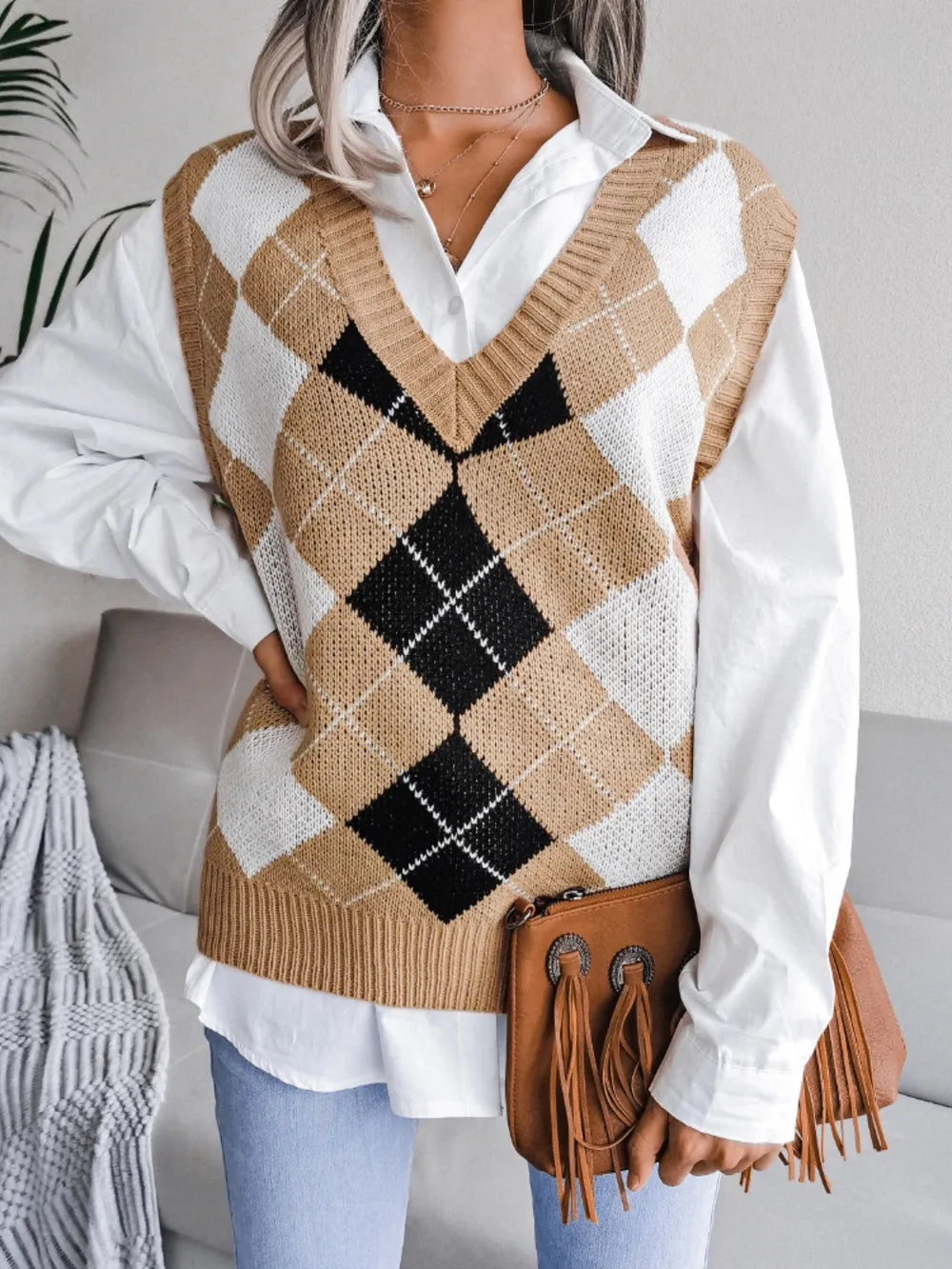 Plaid V Neck Sweater Vest in Khaki back view