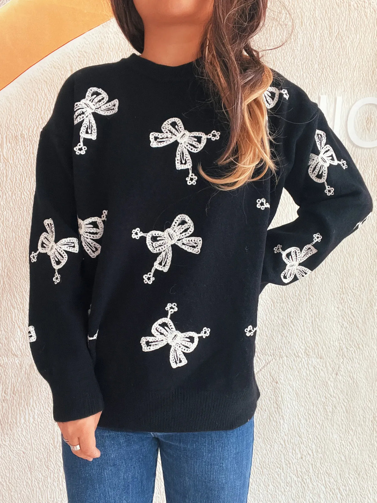 Bow Round Neck Long Sleeve Sweater full outfit view