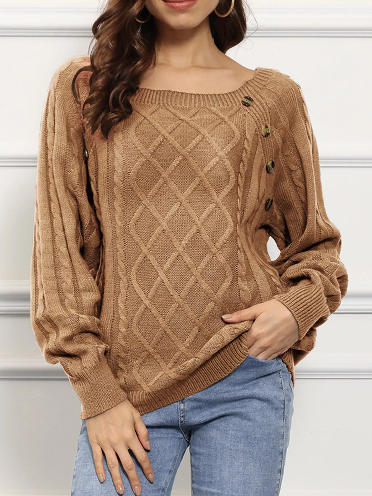 cable knit boat neck sweater neckline detail