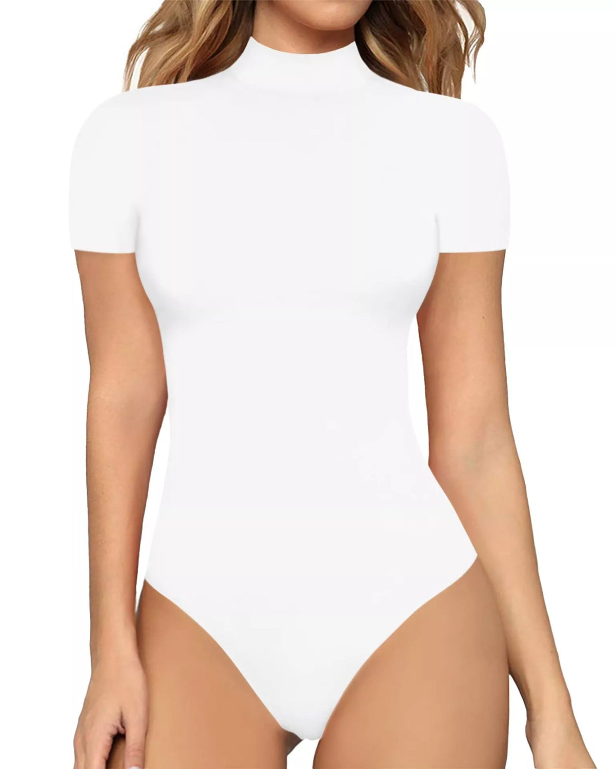Mock neck short sleeve bodysuit close up view