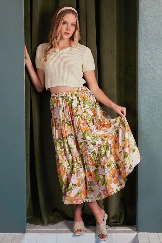 Flowy floral tiered skirt styled