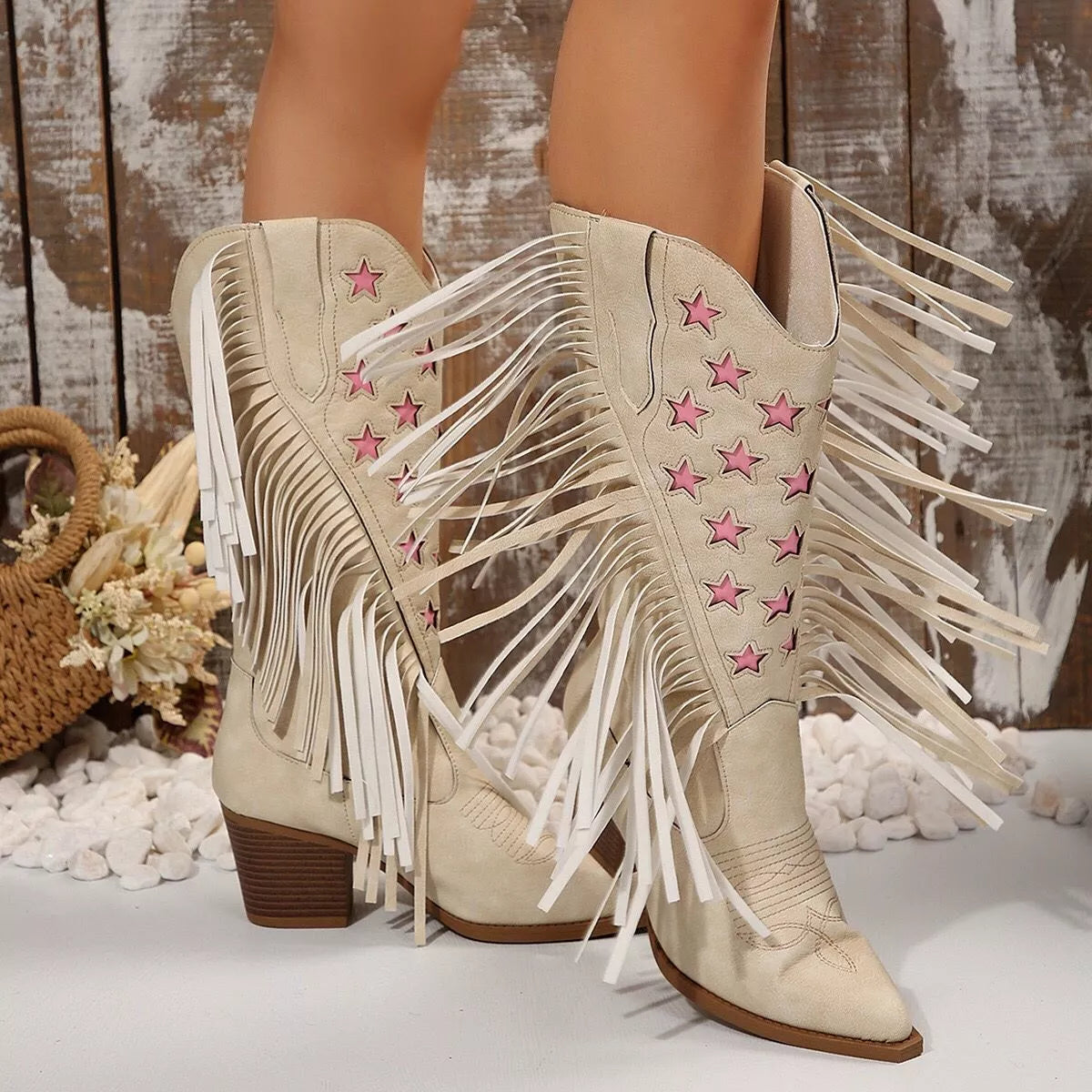 Star Fringe Block Heel Boots pair on a plain backdrop