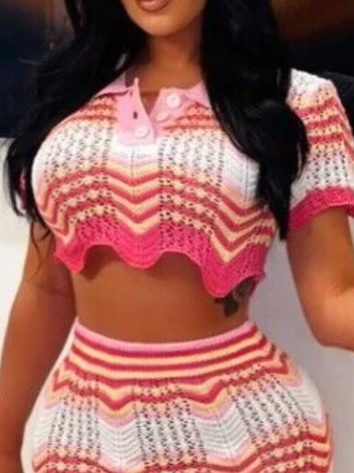Chevron Knit Polo Crop Top and Mini Skirt Set, view 9