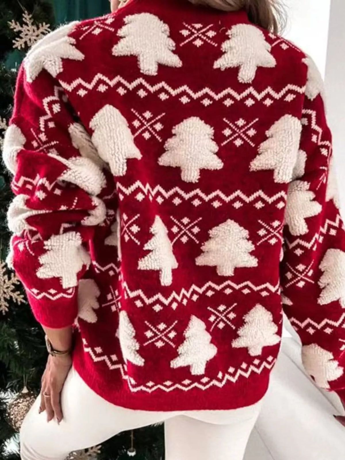 christmas tree pattern holiday sweater styled outfit