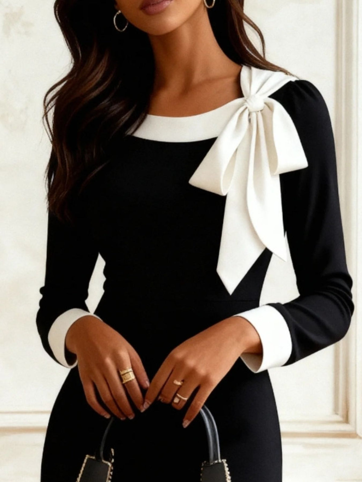 Bowknot Contrast Trim Long Sleeve Dress side view