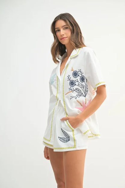 MABLE Embroidered Button Down Shirt and Shorts Set - Fashorio