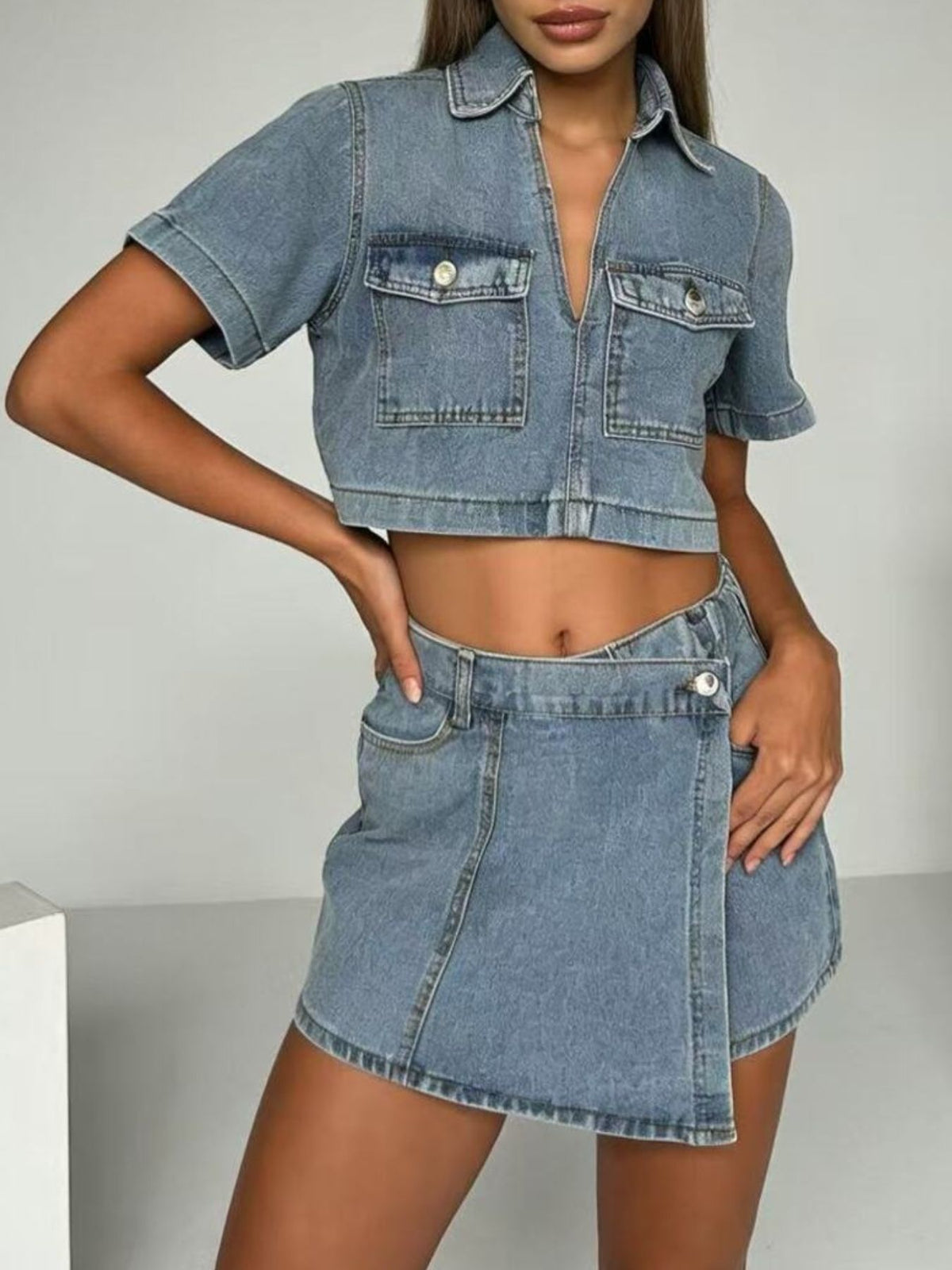 Blue cropped top and denim skort set front view